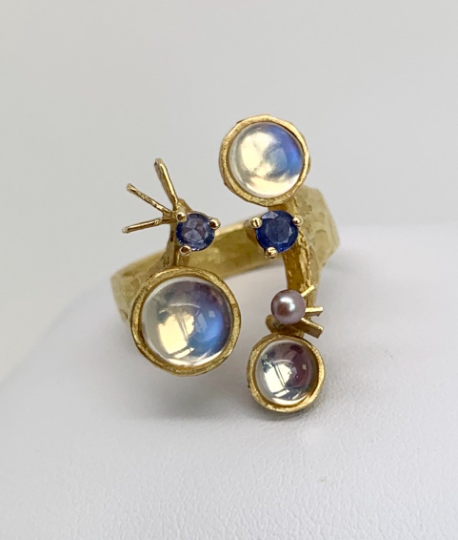 Klaus Neubauer Sapphire Moonstone Pearl Gold Ring Retro