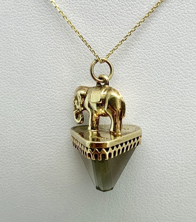 Vintage Smoky Quartz 9ct Yellow Gold Elephant Pendant - London 1966 - Image 3