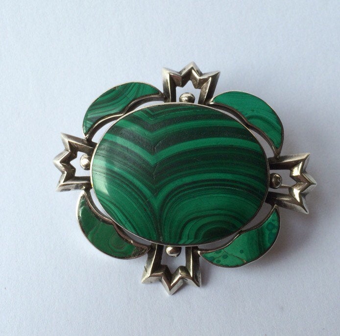 Victorian Scottish Silver Malachite Brooch Antique c.1870s