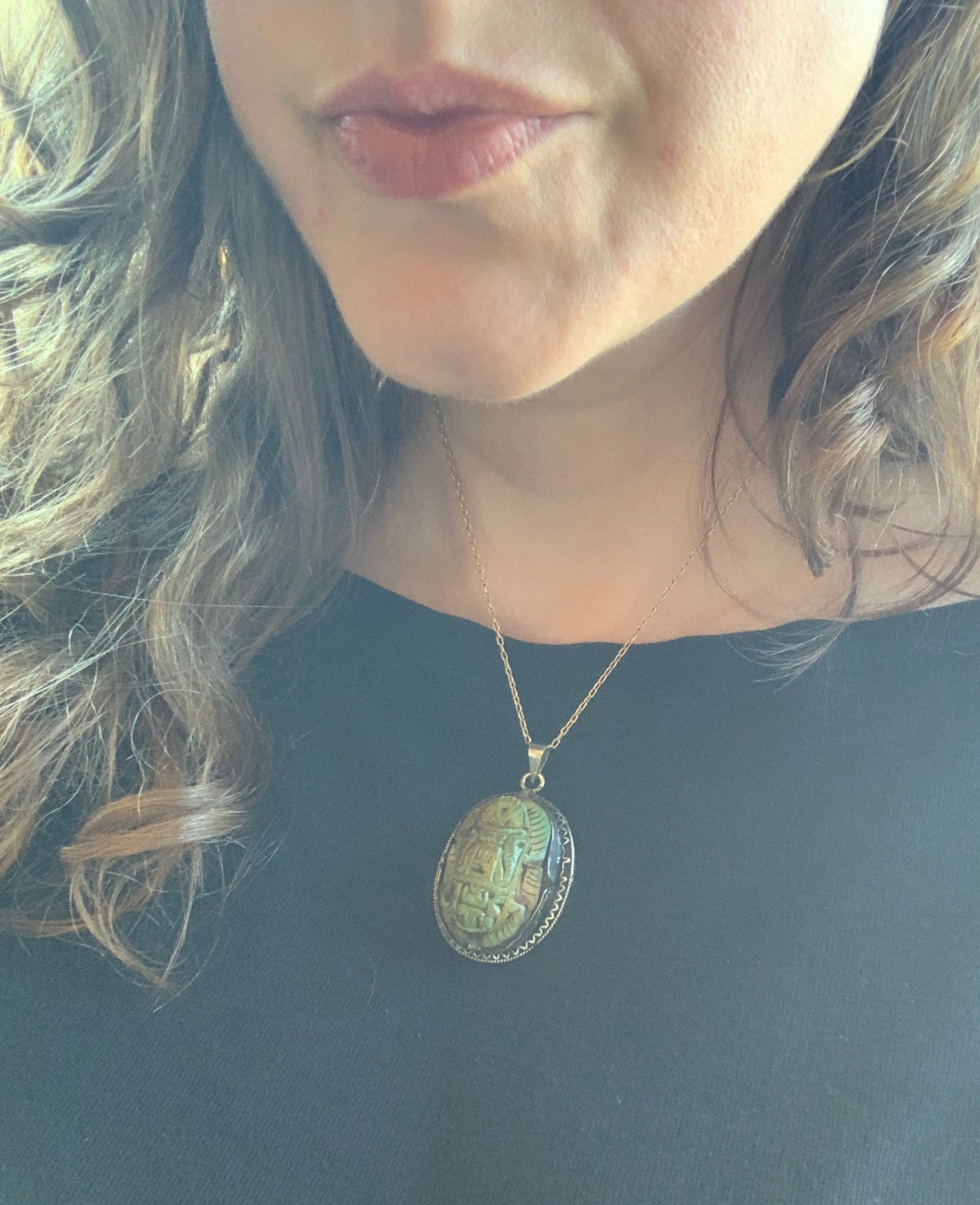 Large Art Deco Faience Scarab Silver Pendant c.1930s - Image 4