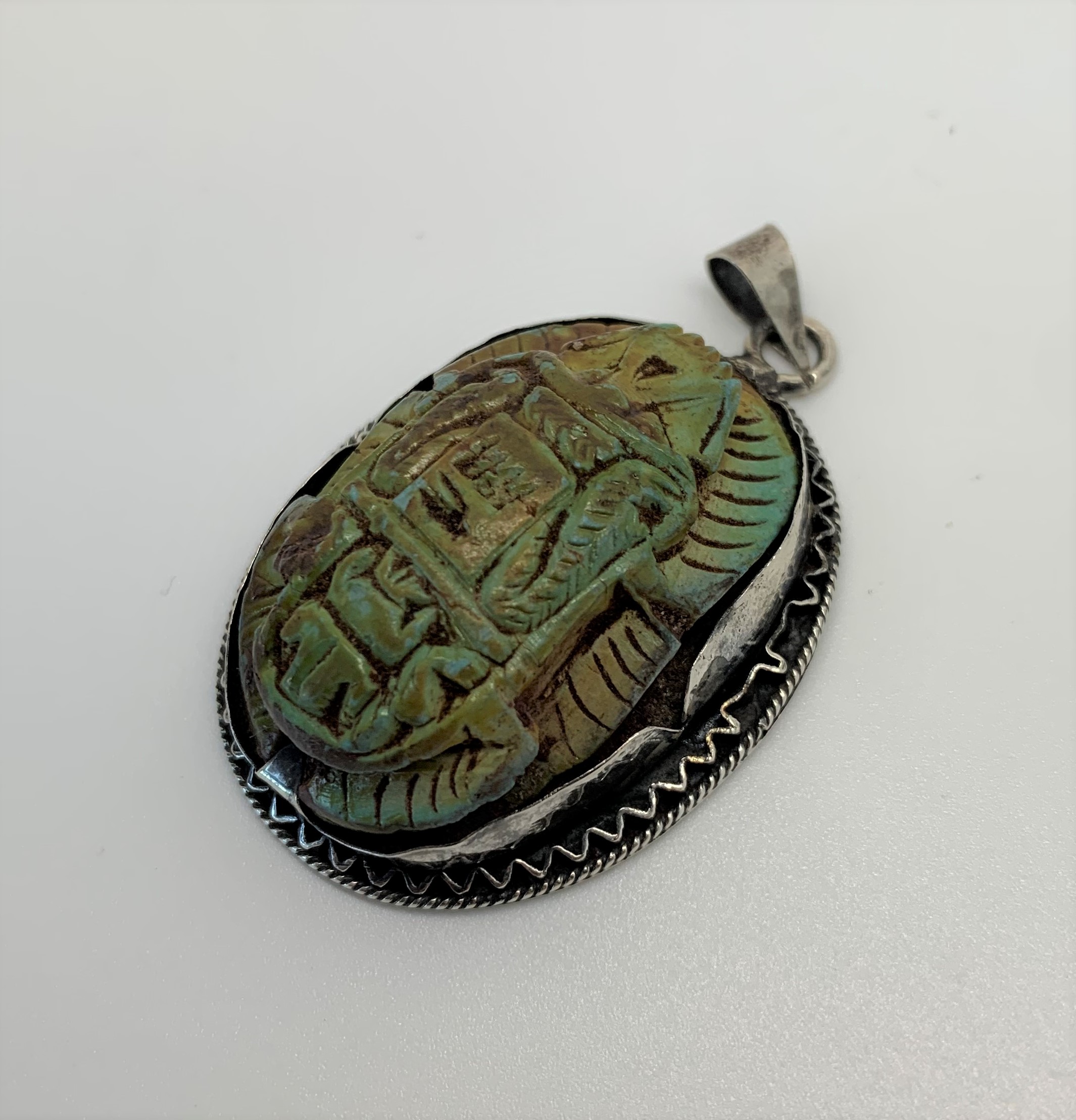 Large Art Deco Faience Scarab Silver Pendant c.1930s - Image 2