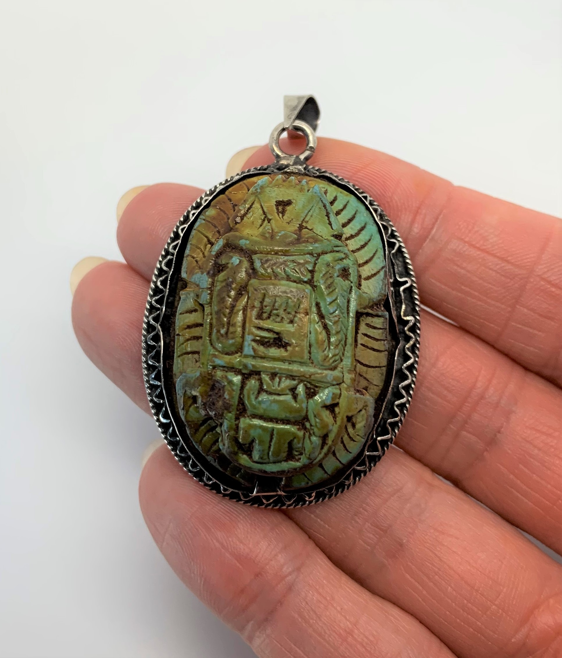 Large Art Deco Faience Scarab Silver Pendant c.1930s - Image 7