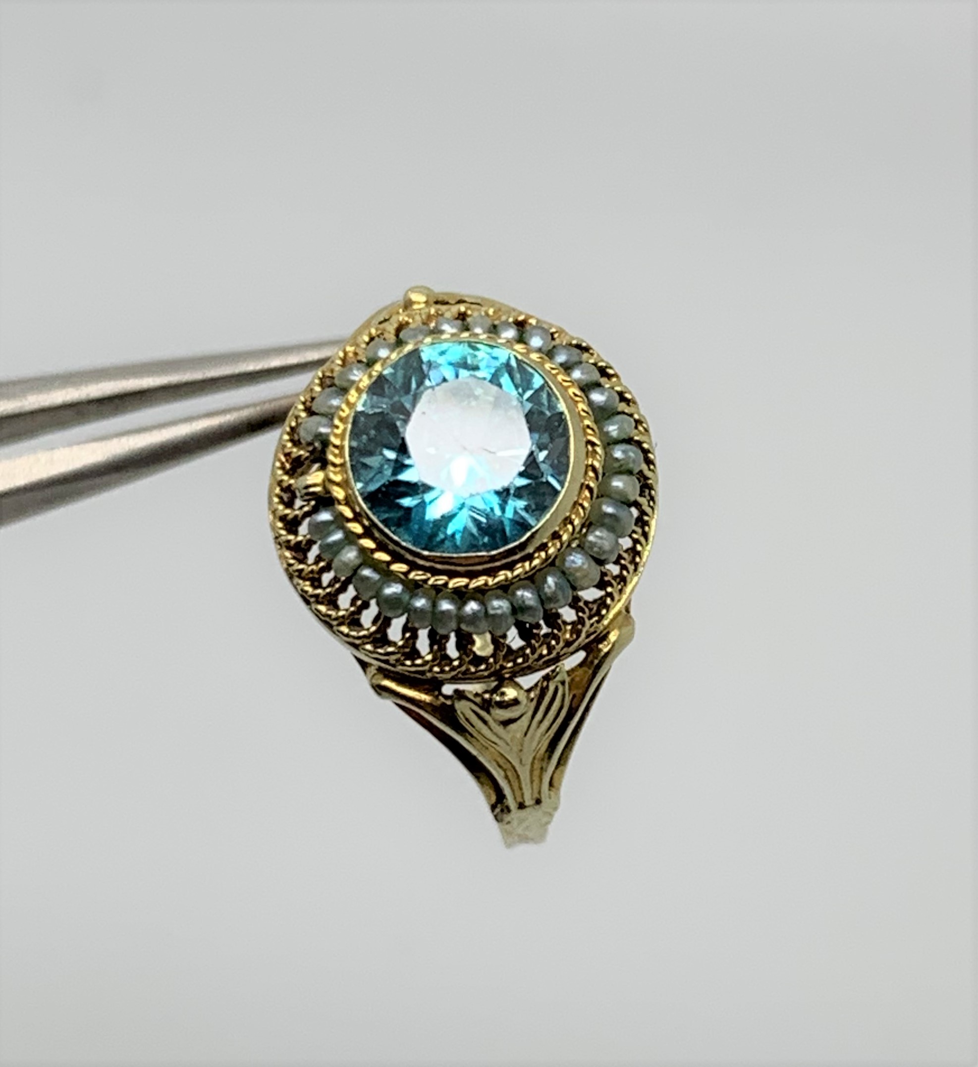 Belle Epoque Blue Zircon Pearl 14ct Gold Ring c.1900s - Image 4