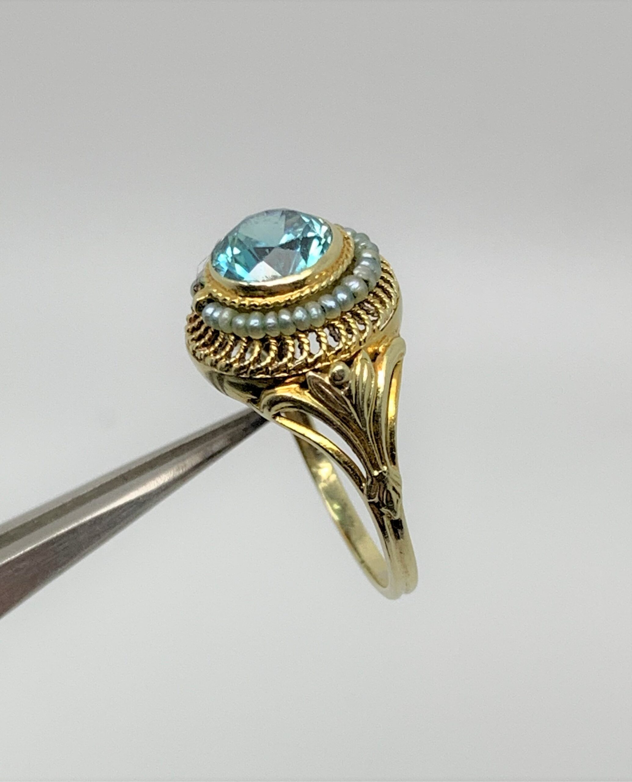 Belle Epoque Blue Zircon Pearl 14ct Gold Ring c.1900s - Image 3