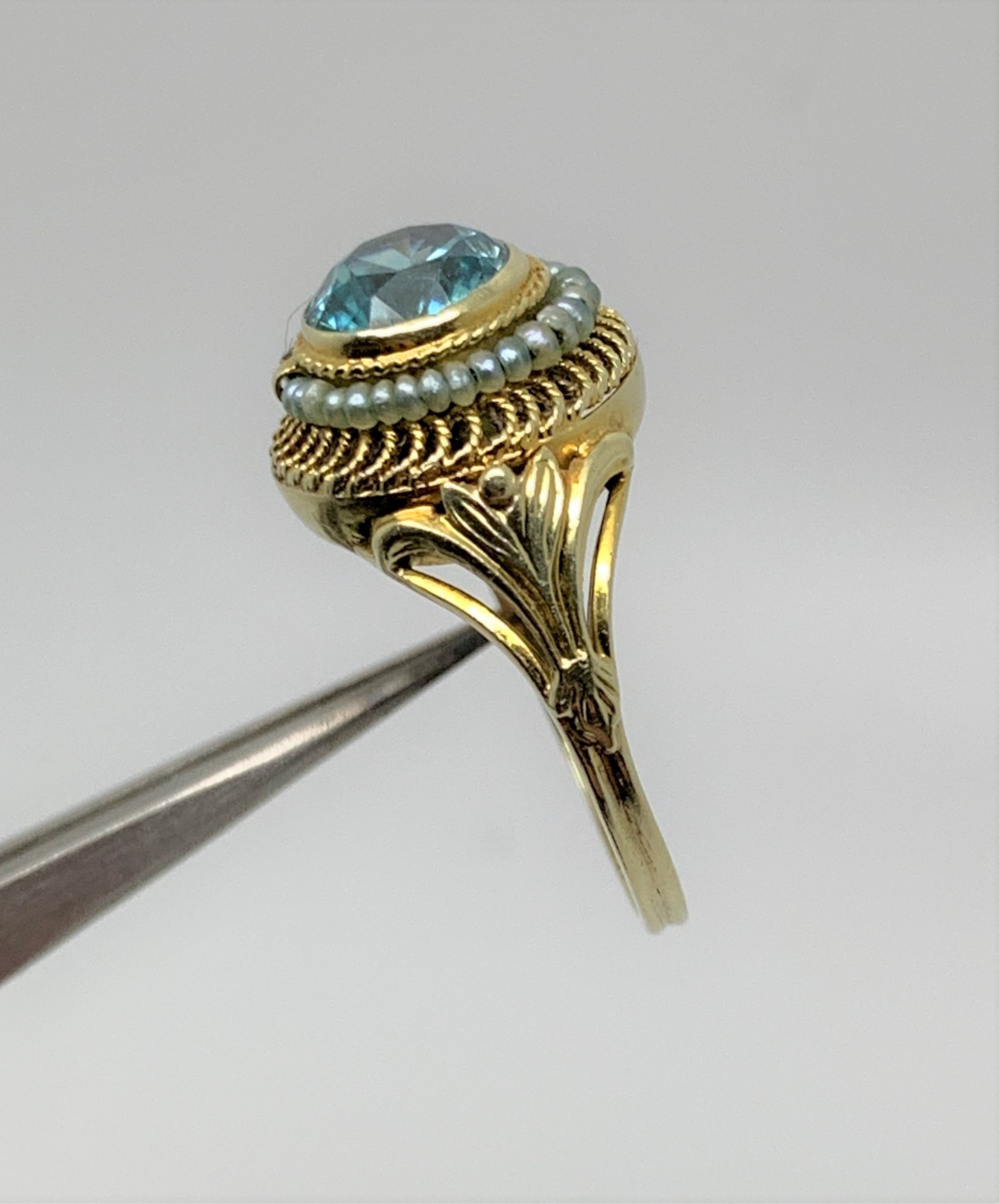 Belle Epoque Blue Zircon Pearl 14ct Gold Ring c.1900s - Image 5