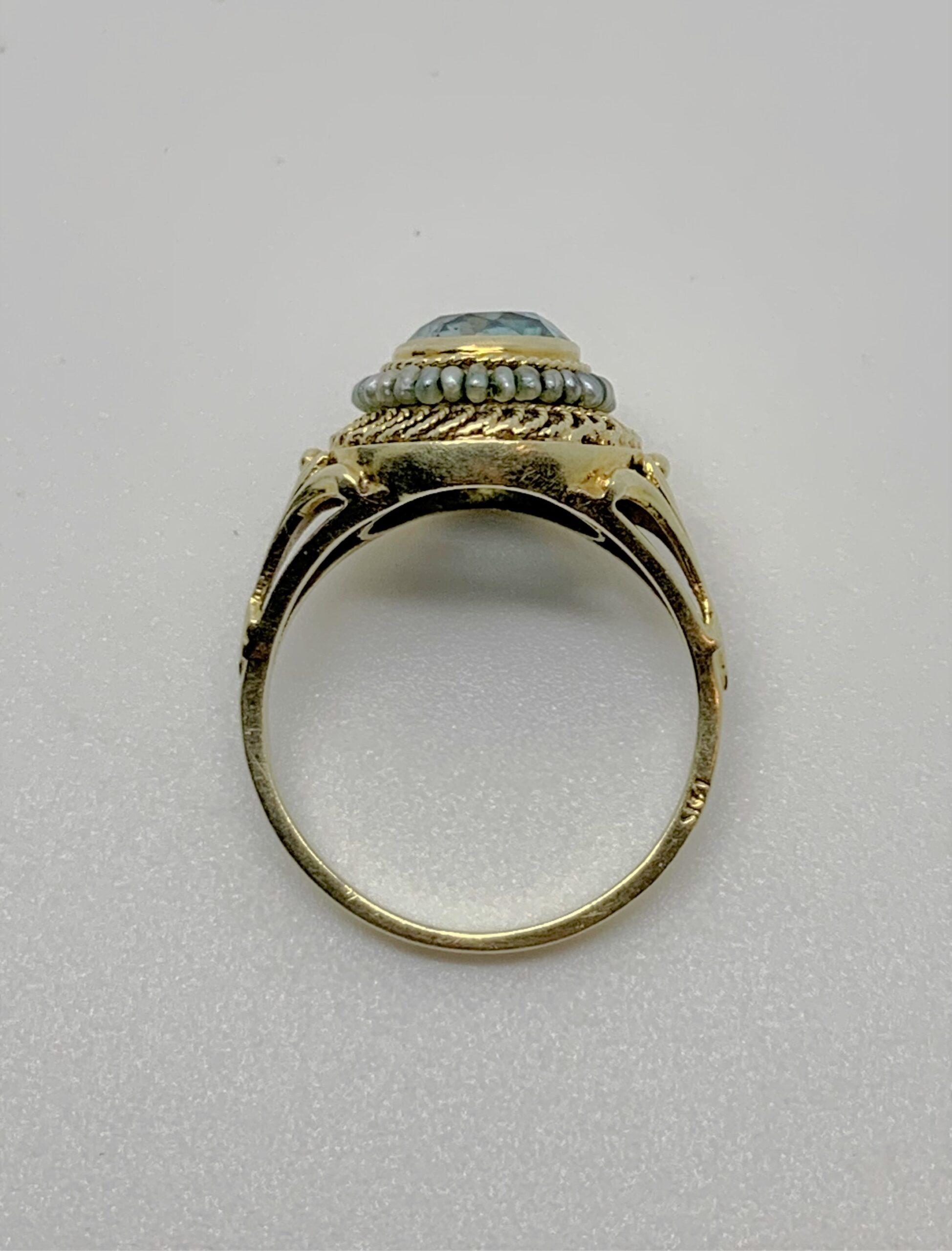 Belle Epoque Blue Zircon Pearl 14ct Gold Ring c.1900s - Image 9