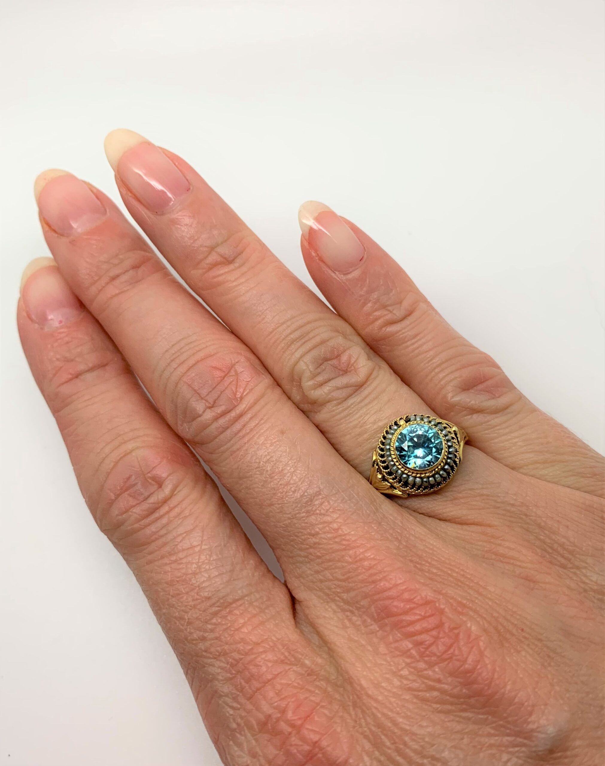 Belle Epoque Blue Zircon Pearl 14ct Gold Ring c.1900s - Image 7