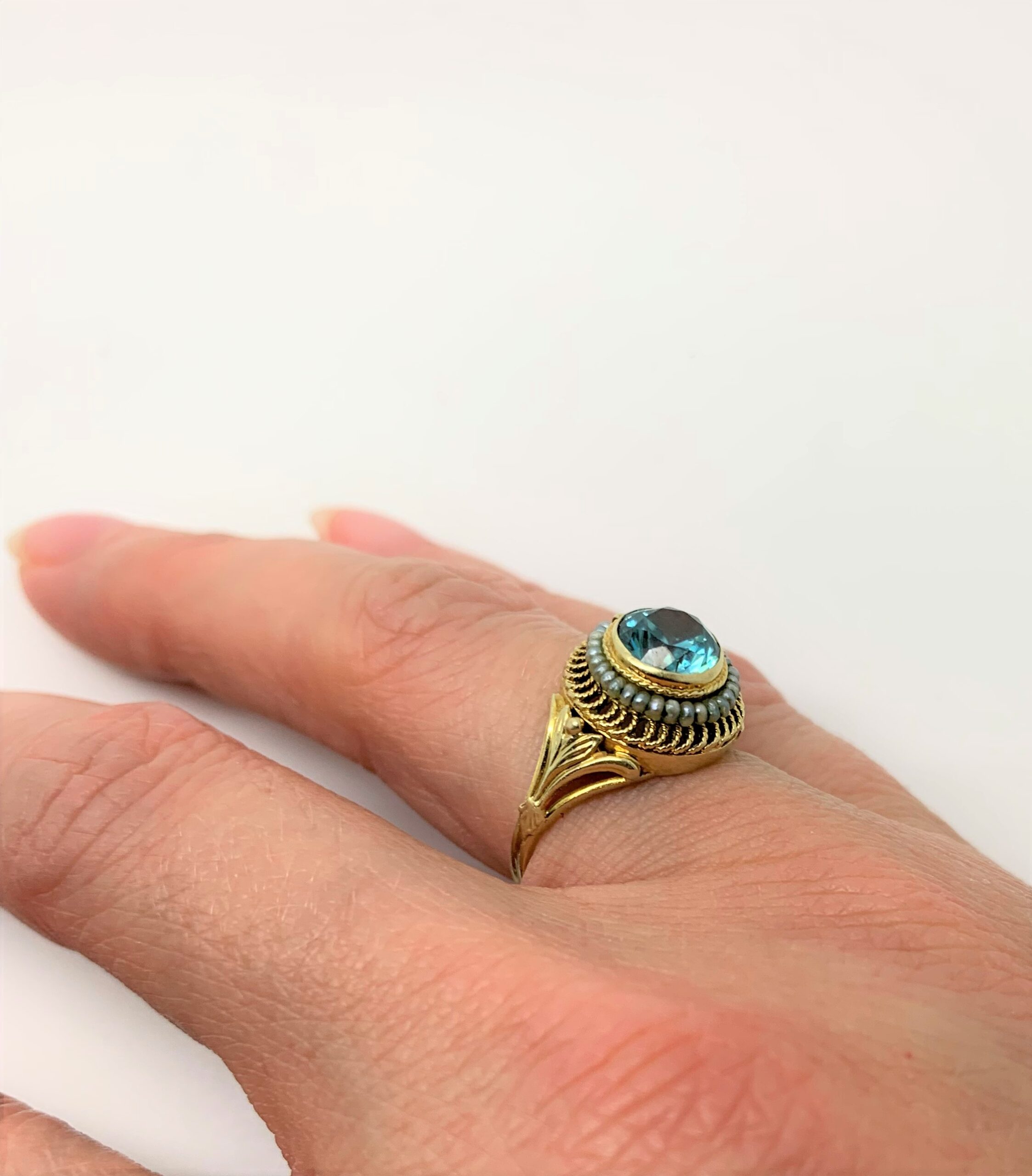 Belle Epoque Blue Zircon Pearl 14ct Gold Ring c.1900s - Image 6
