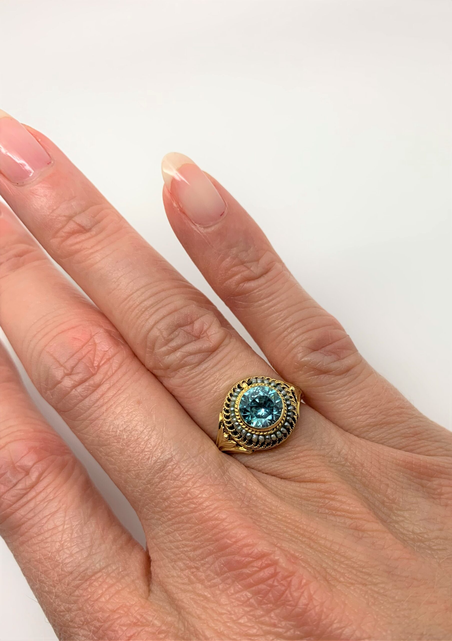 Belle Epoque Blue Zircon Pearl 14ct Gold Ring c.1900s - Image 2
