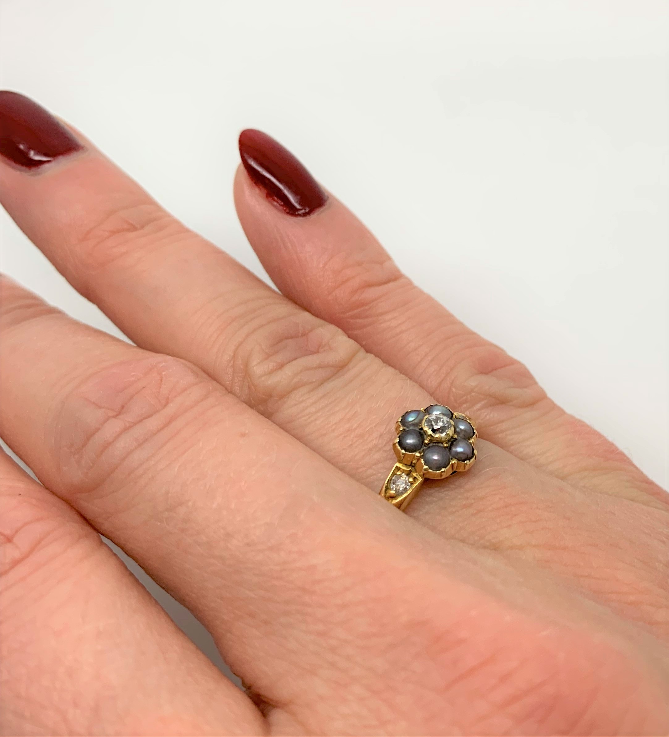 Victorian-grey-pearl-diamond-cluster-gold-ring