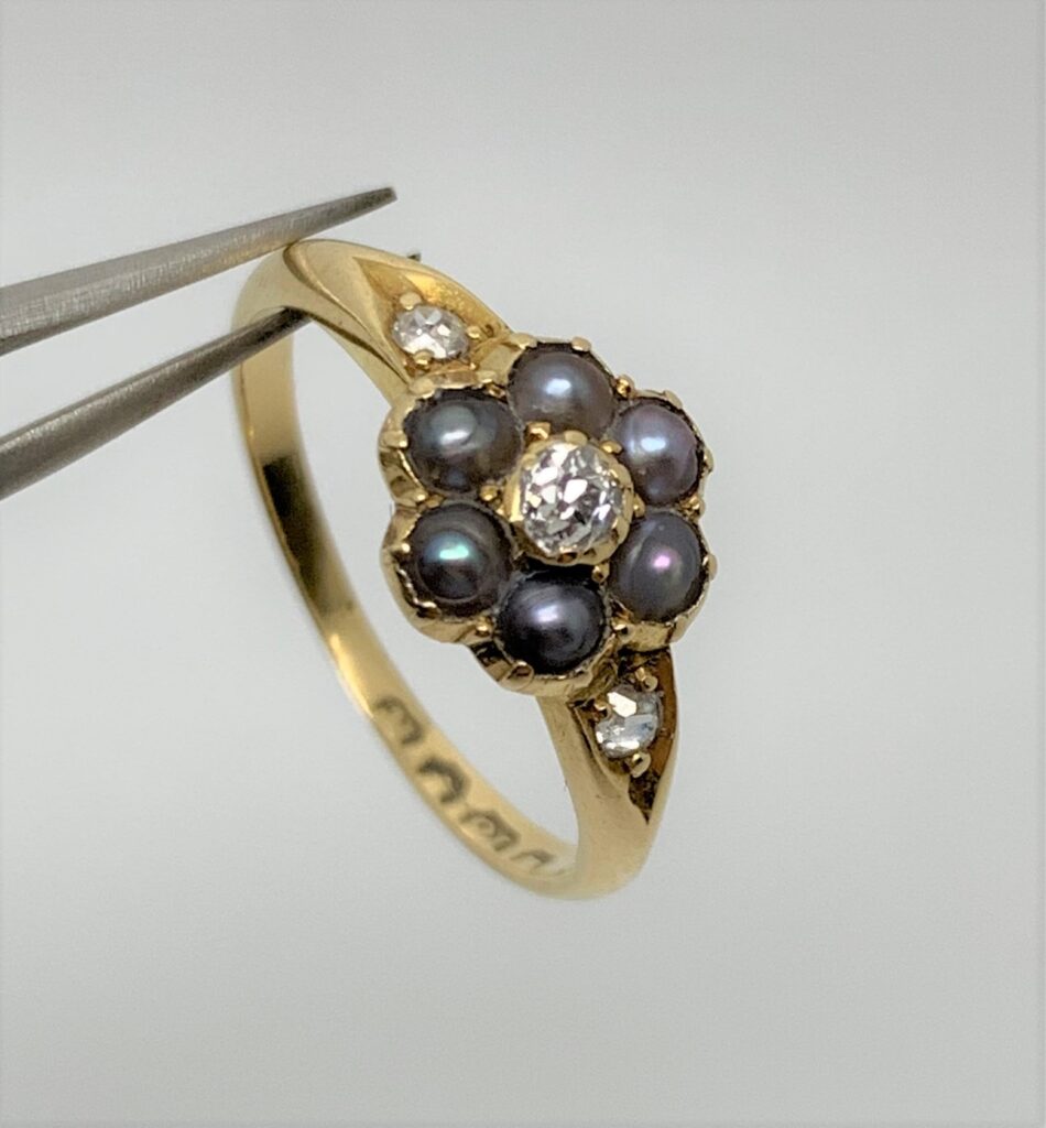 Victorian-grey-pearl-diamond-cluster-gold-ring