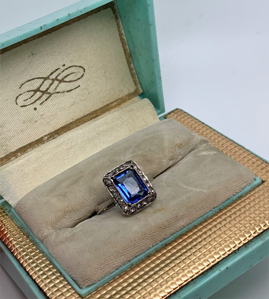 Art Deco Faux Sapphire Diamond Paste Gold Proposal Ring