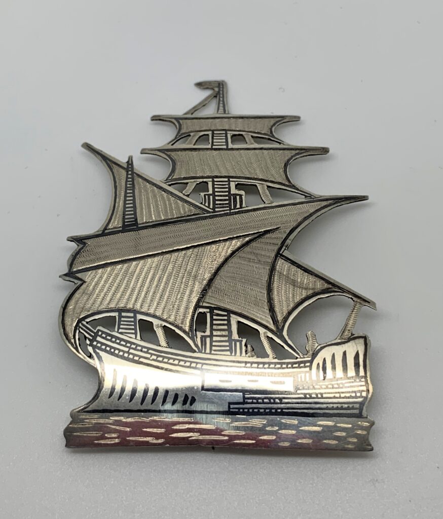 Large Silver Niello Galleon Brooch
