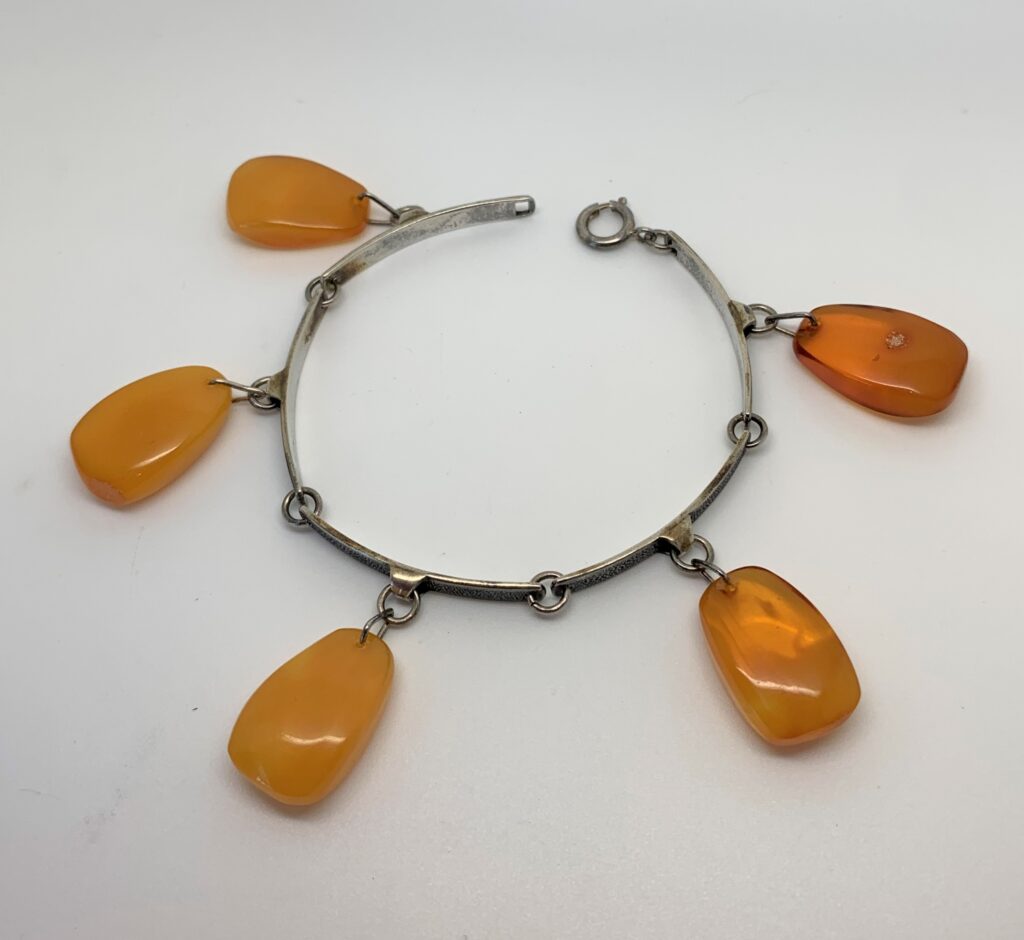 Vintage Baltic Amber Silver Charm Bracelet
