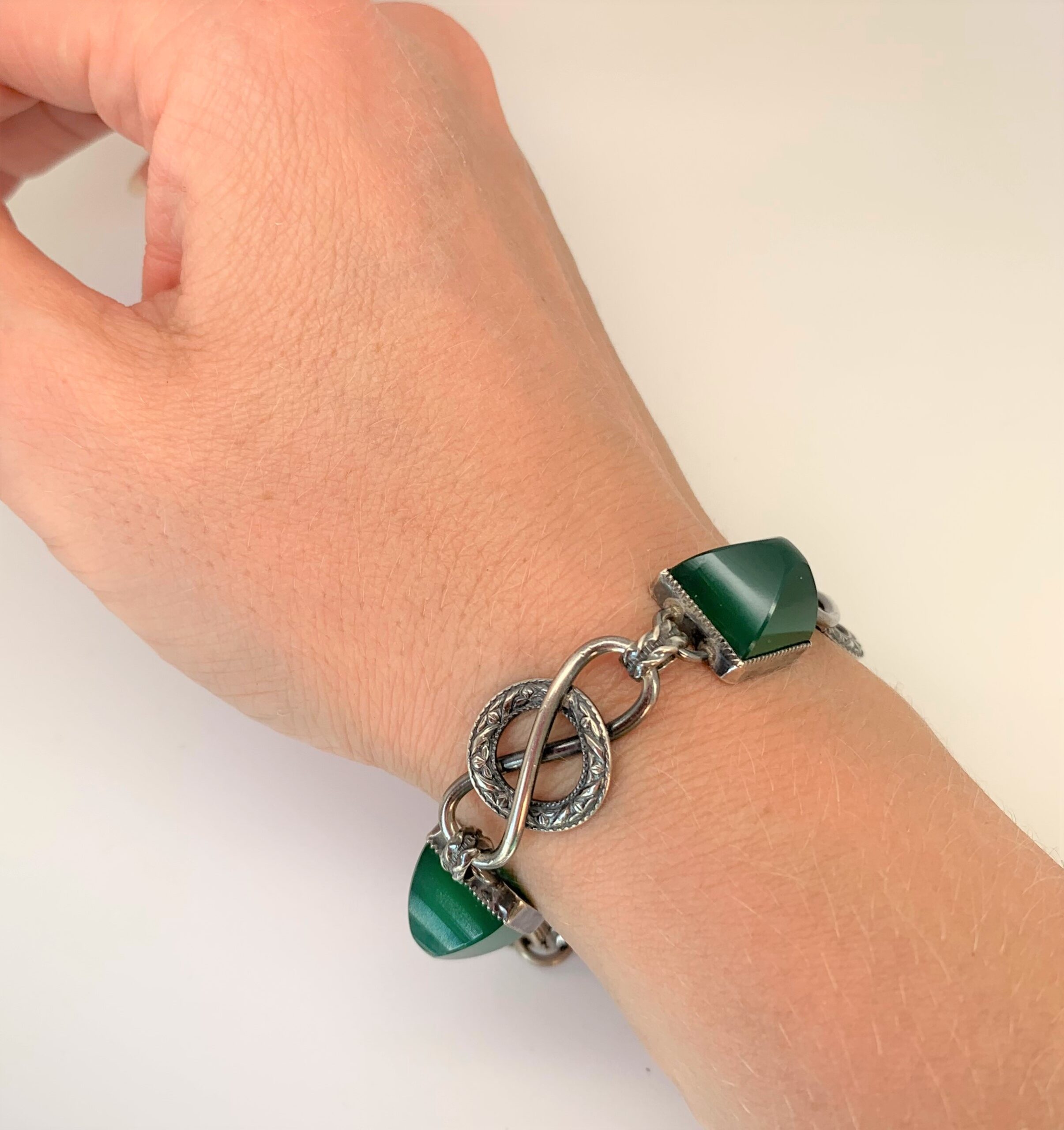 Art Deco Chrysoprase Silver Bracelet c.1920s - Image 6