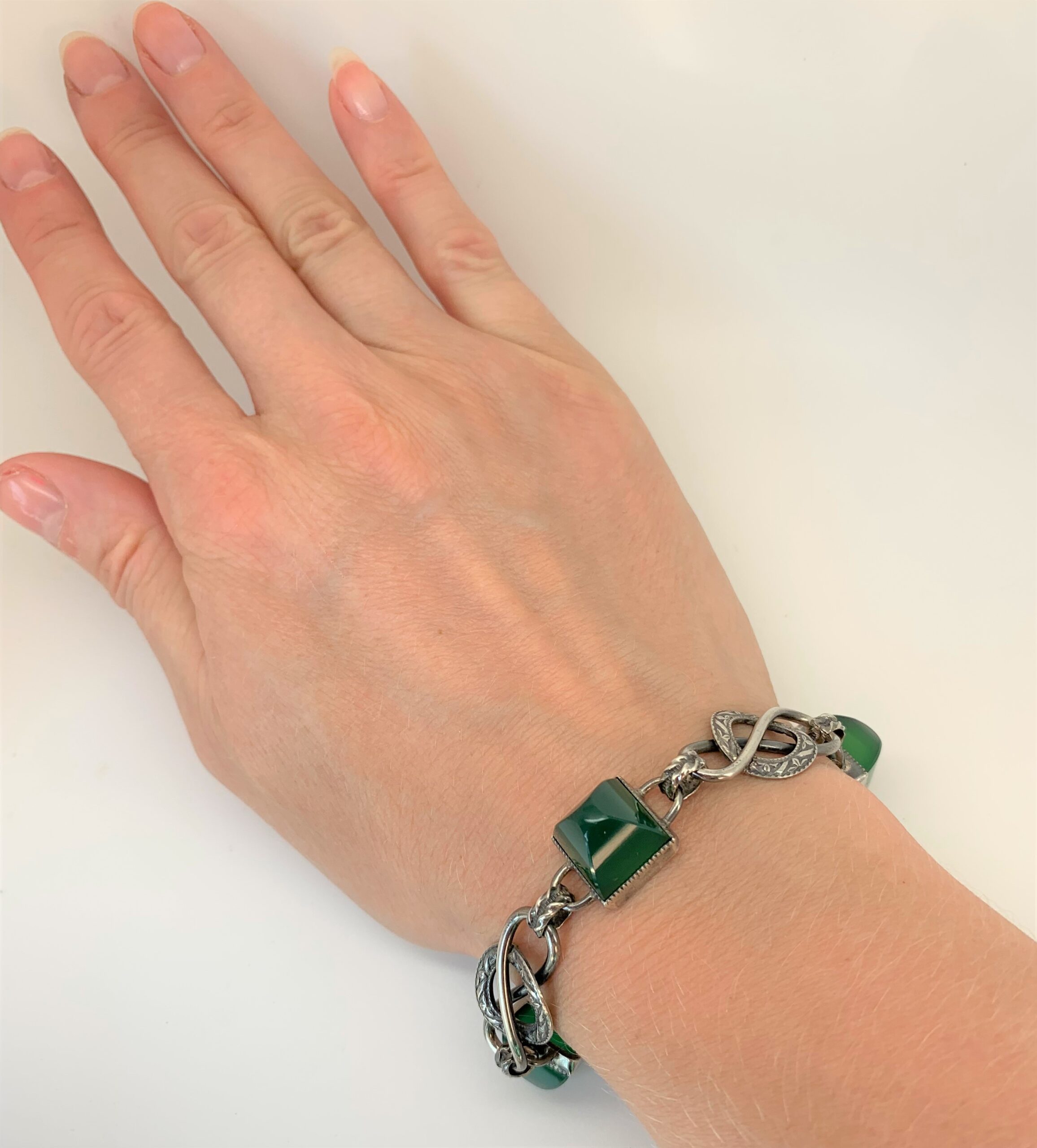 Art Deco Chrysoprase Silver Bracelet c.1920s - Image 7