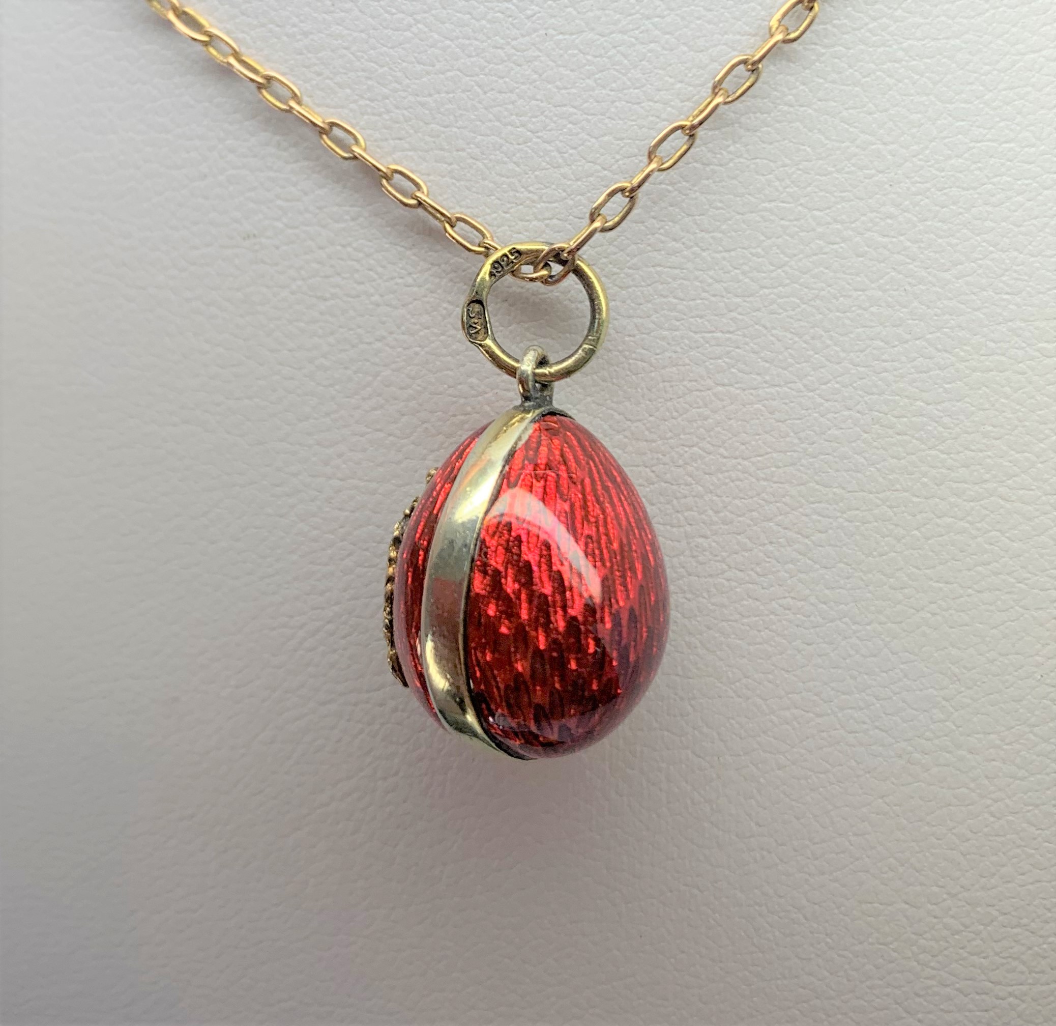 Vintage Silver Red Enamel Russian Egg Charm Pendant