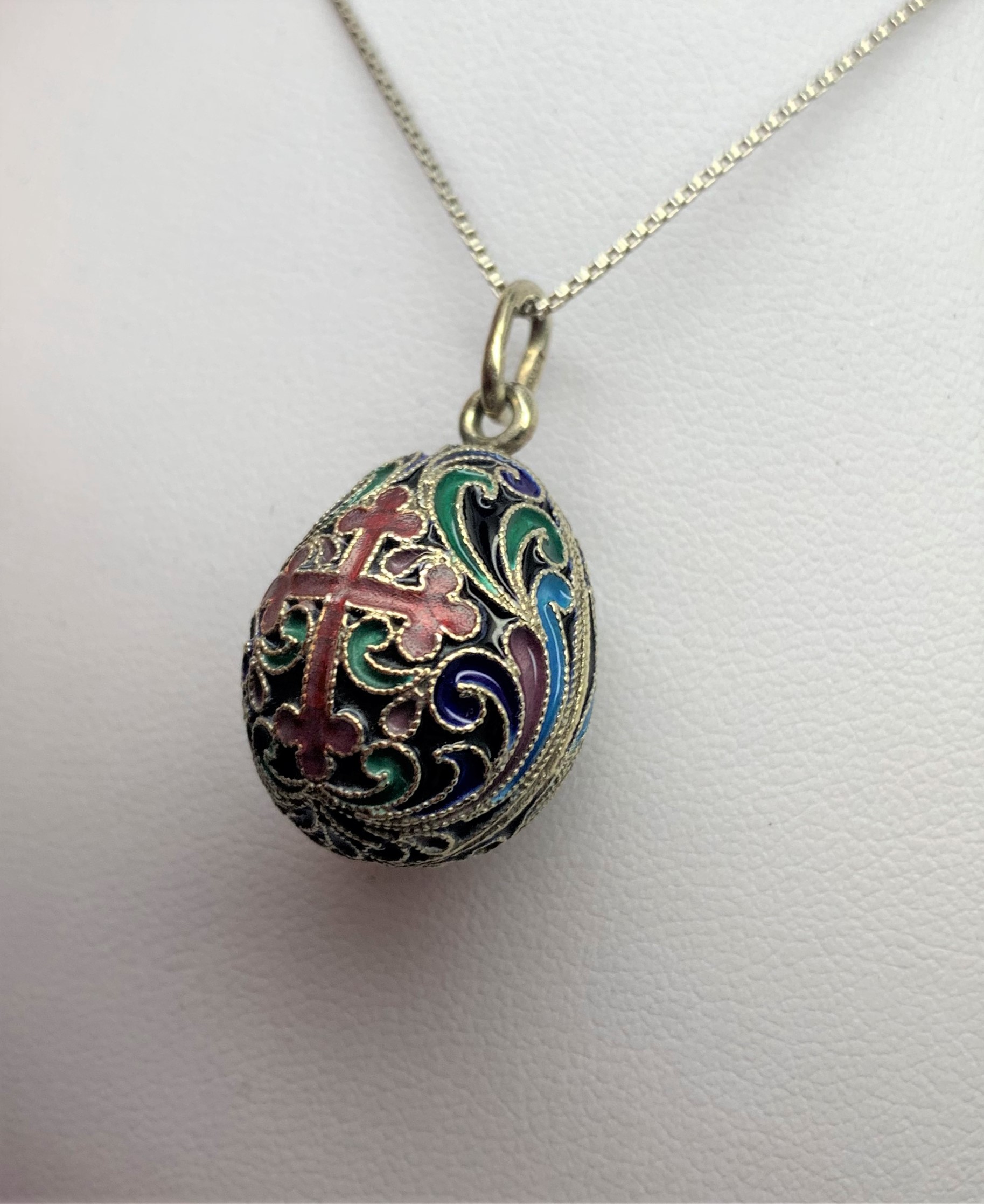 Soviet Cloisonné Enamel Silver Egg Pendant