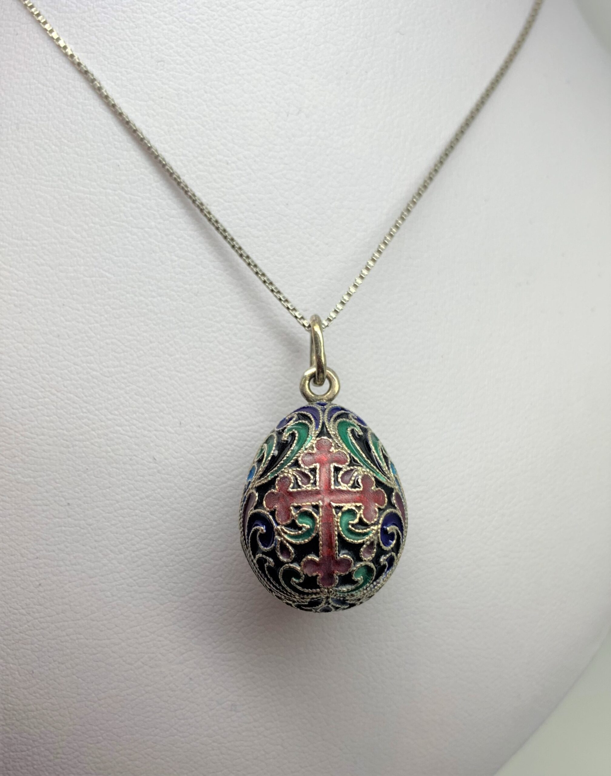 Soviet Cloisonné Enamel Silver Egg Pendant
