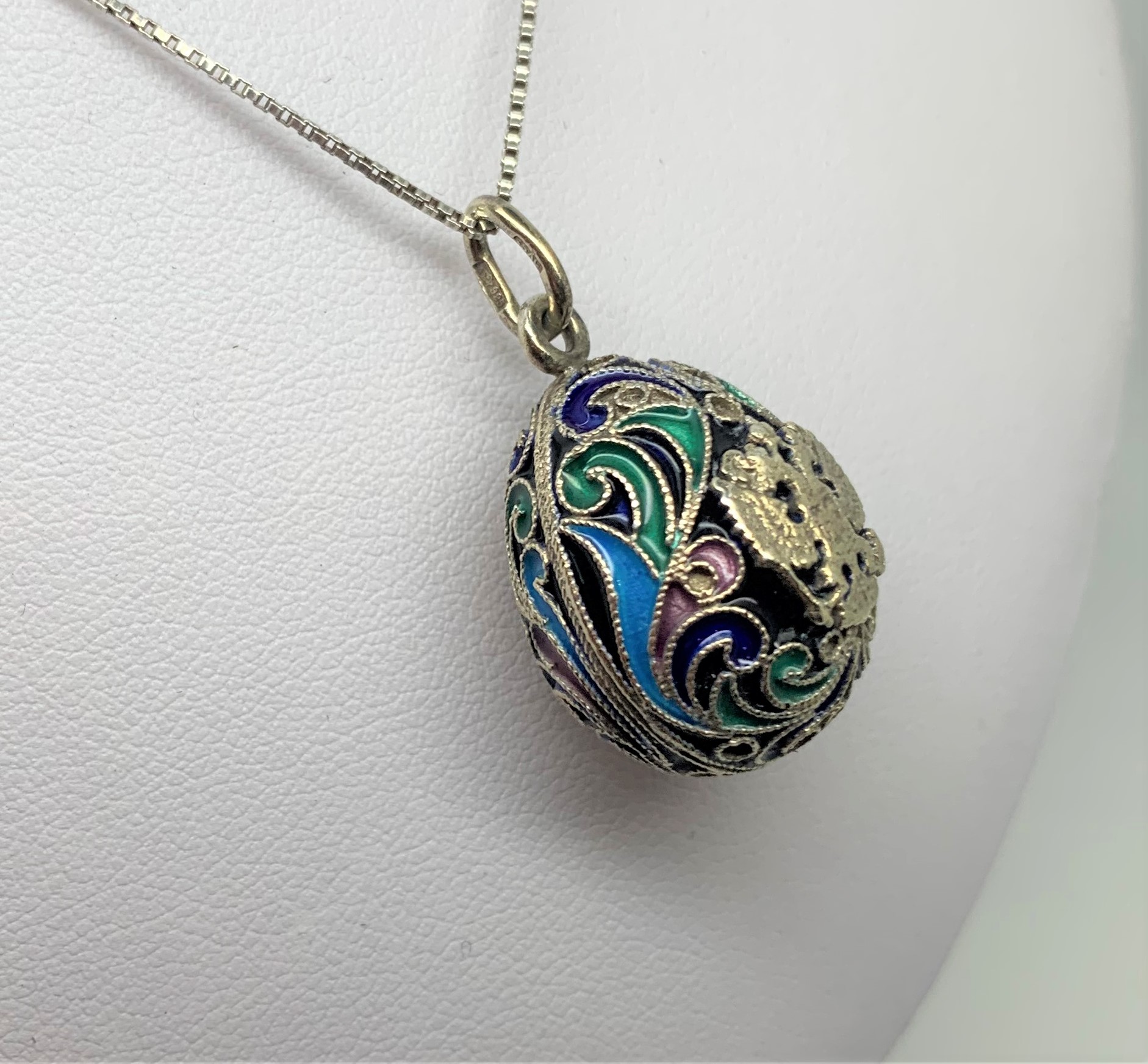 Soviet Cloisonné Enamel Silver Egg Pendant