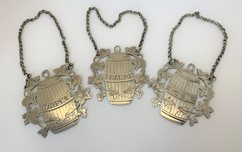 Victorian Antique Silver Plate Barrel Vine Decanter Spirit Labels