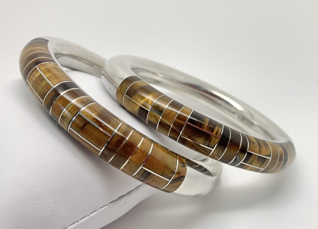 Salazar Vintage Mexican Silver Tigers Eye Bangle Pair