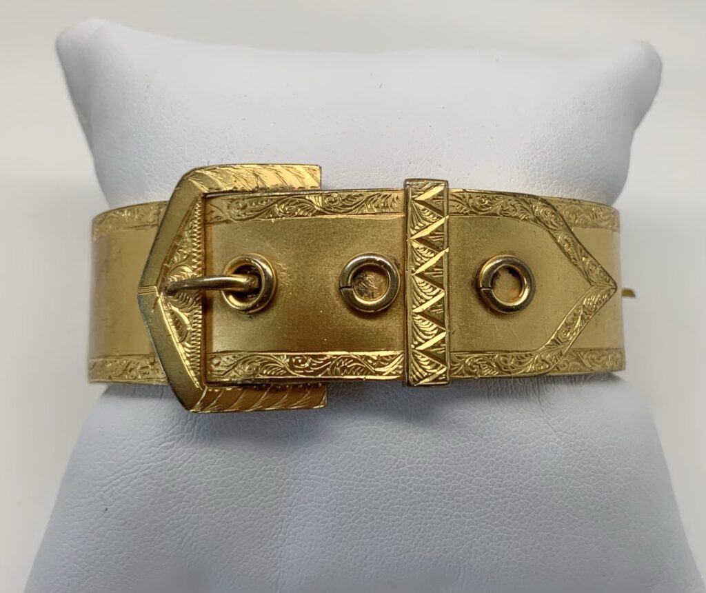 00944 Victorian Antique Sterling Silver Gilt Buckle Cuff Bangle Bracelet