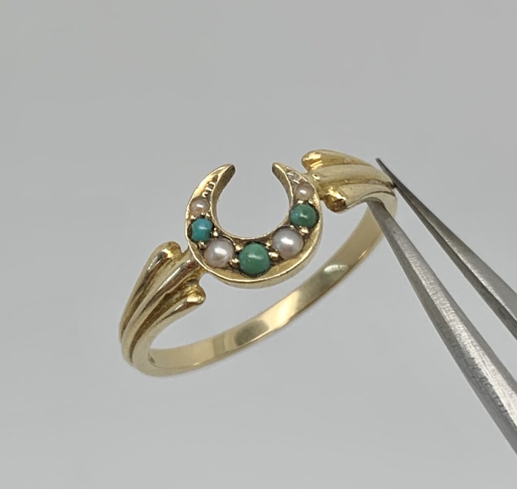 Victorian Turquoise Pearl 18ct Gold Crescent Moon Ring