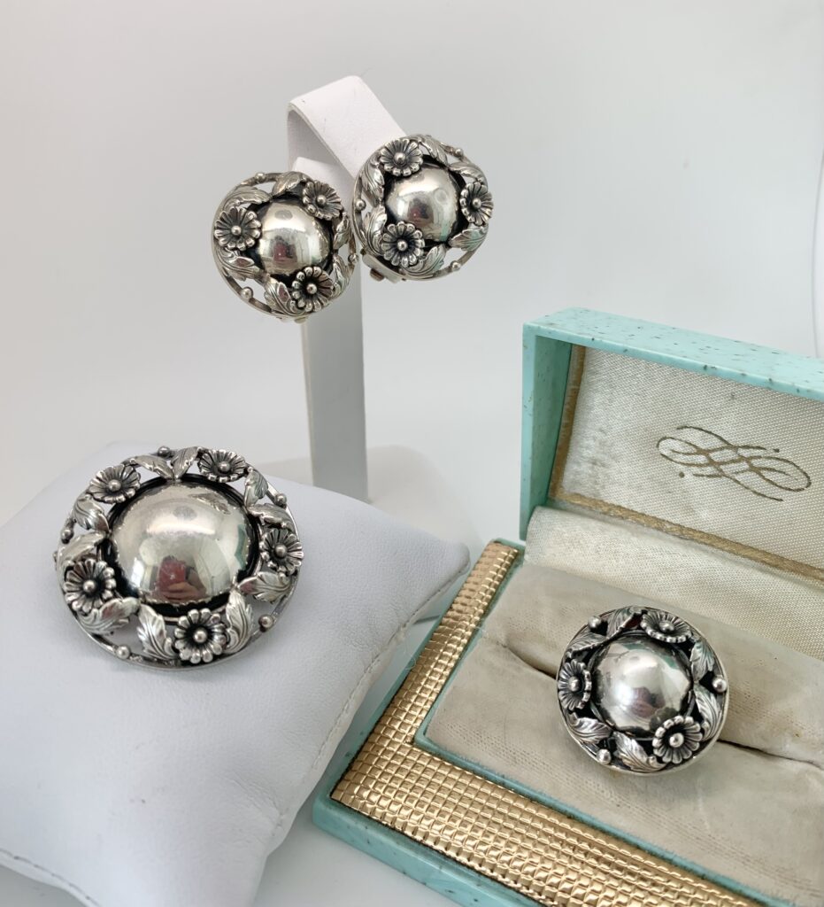 Vintage Danish Sterling Silver Floral Jewelry Set FROM 1930s