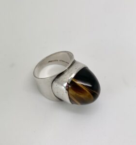 011201 Vintage Tigers Eye Silver Cabochon Statement Ring 1970s