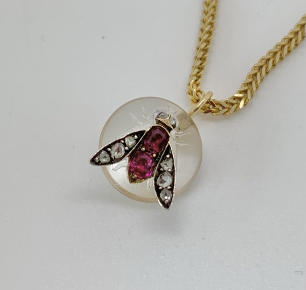 00011 Antique Victorian Diamond Ruby Fly Insect Bug Charm Pendant Gold
