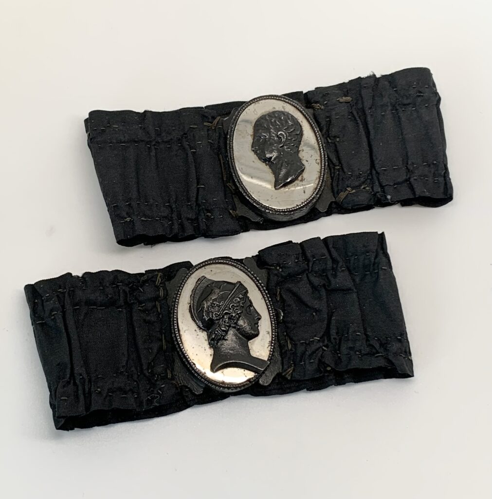 00087 Antique Georgian Berlin Ironwork Steel Silhouette Portrait Cuff Ribbon Bracelets 1810s