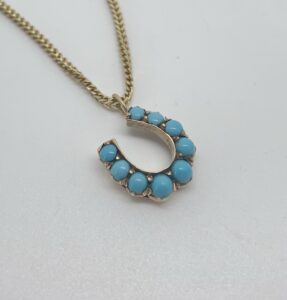 00892 Victorian Antique Persian Turquoise Horseshoe 14k Yellow Gold Charm Pendant