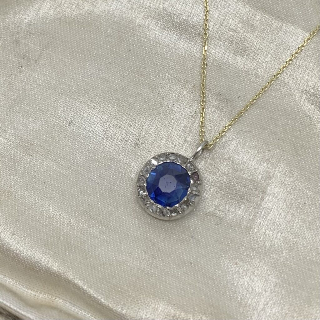 00893 Antique Edwardian Sapphire Rose Diamond Cluster Halo Charm Pendant Gold Chain