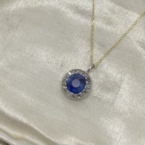 00893 Antique Edwardian Sapphire Rose Diamond Cluster Halo Charm Pendant Gold Chain