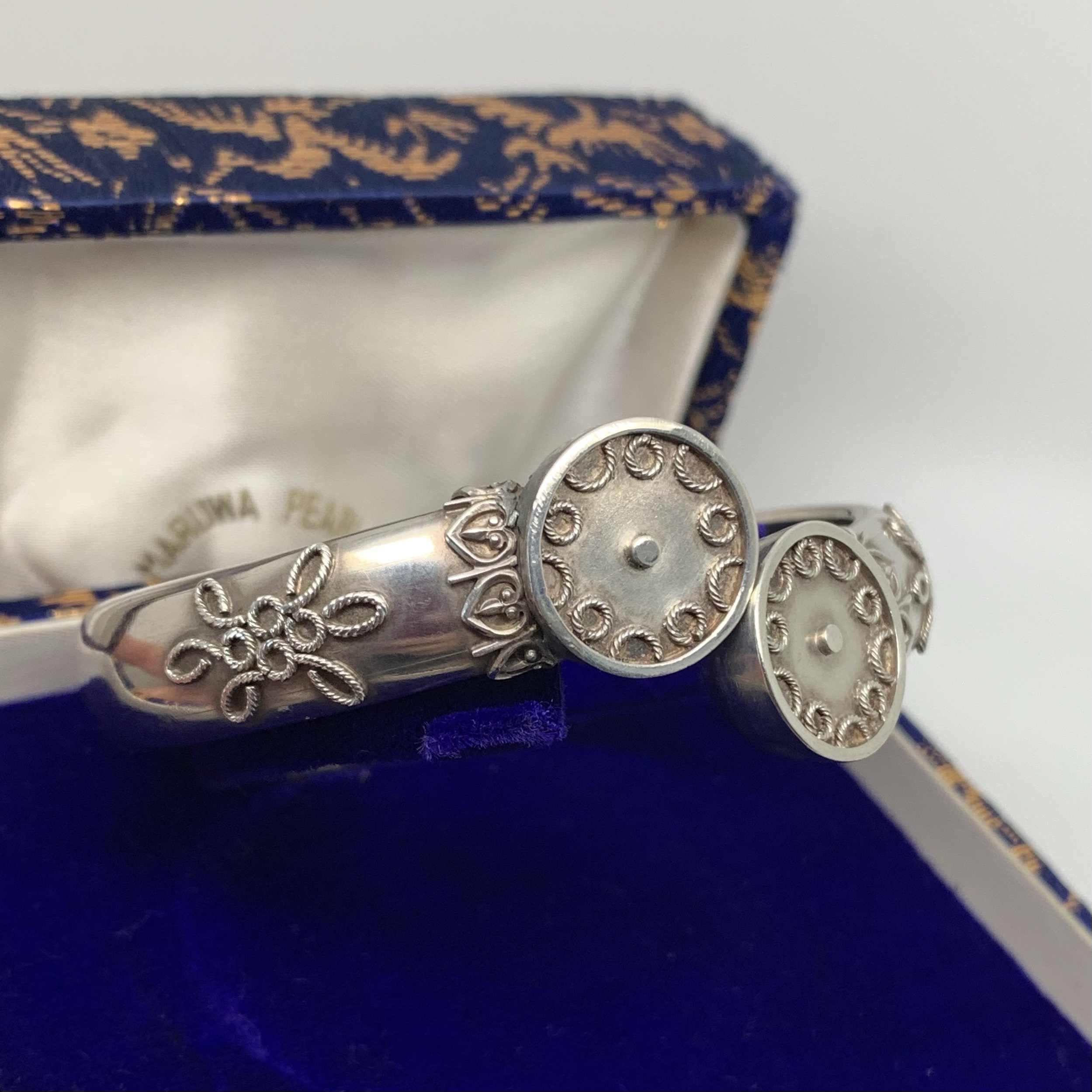 00537 Antique Etruscan Revival Continental Silver Cross Over Bangle Bracelet