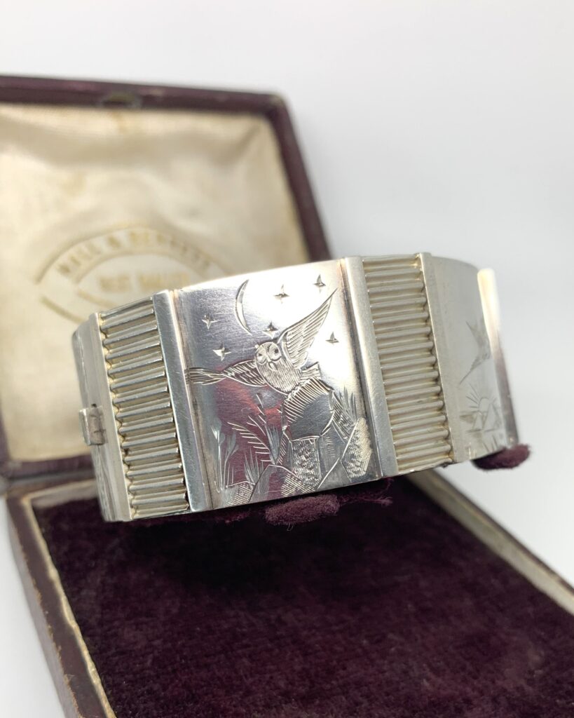Antique Victorian Aesthetic Night Day Owl Bird Cuff Silver Bangle