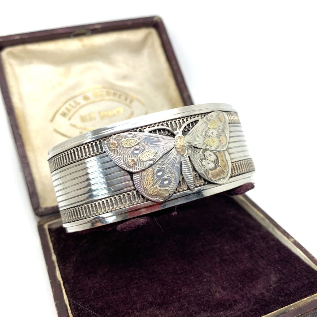 Antique Victorian Aesthetic Silver Gold Butterfly Cuff Bangle