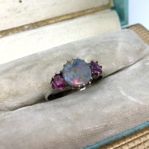 Antique Victorian Opal Garnet Three Stone Claw Set Ring c1880s