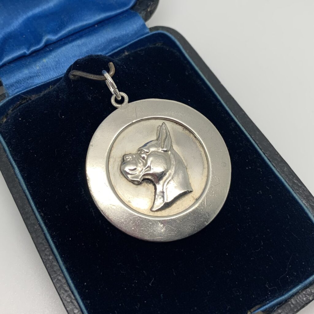 Vintage Silver Doberman Dog Medallion Pendant 1970s Retro