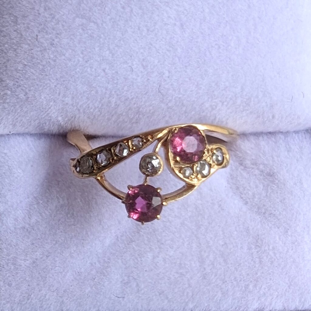 Art Nouveau Pink Sapphire Diamond Ring 18ct Gold 1890s