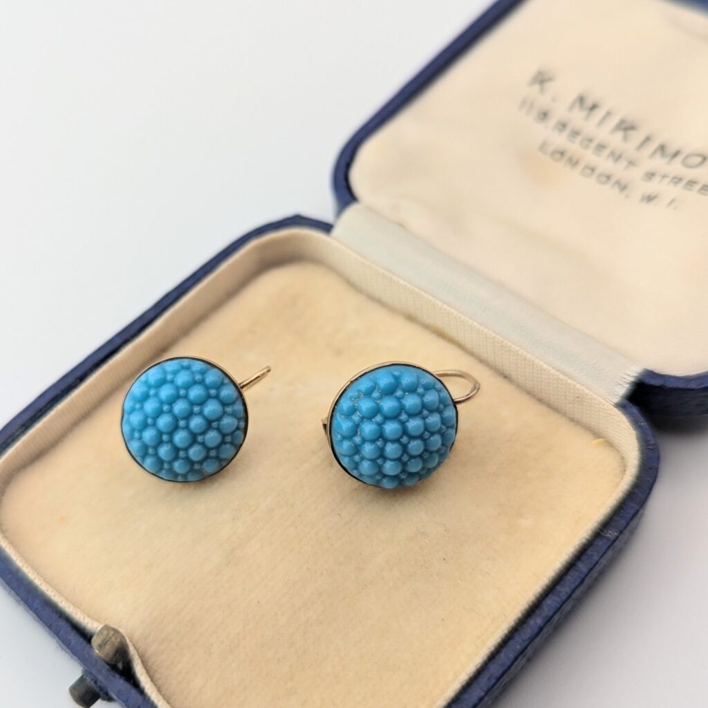 Victorian Turquoise Glass 14ct Gold Earrings c.1880s 01339