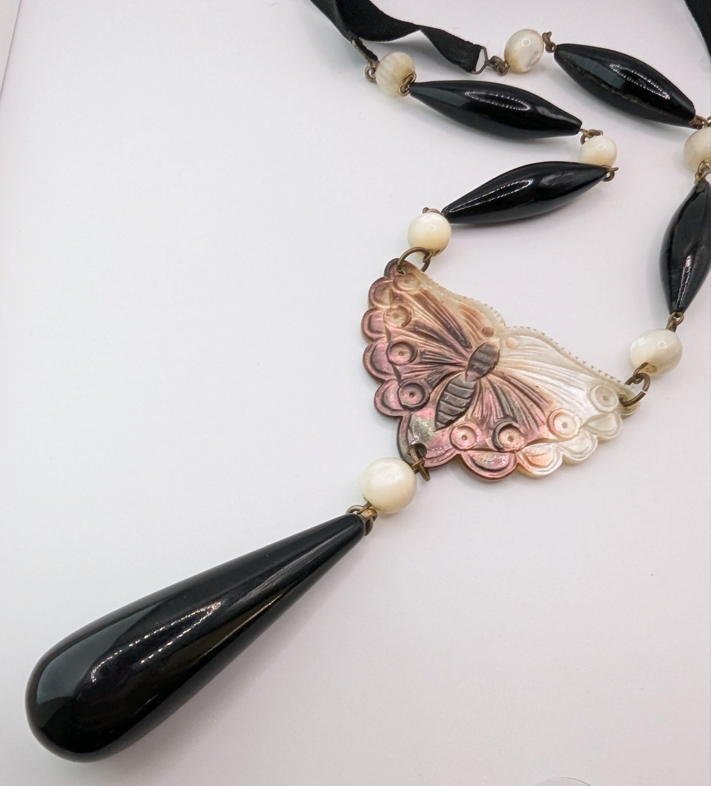 Art Nouveau Carved MOP Butterfly & French Jet Sautoir Necklace c.1890s