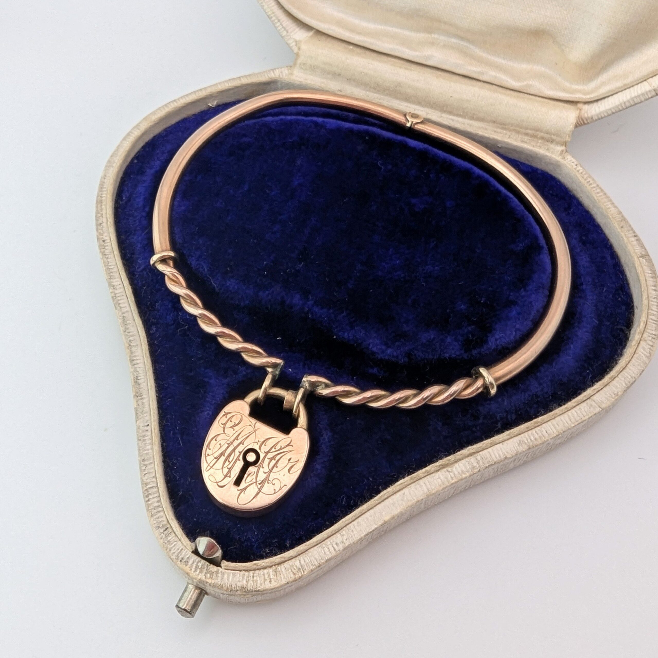 Victorian 9ct Rose Gold Sweetheart Rope Padlock Bangle c.1890s