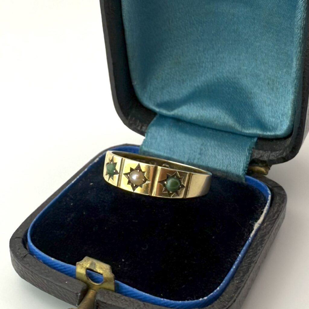 Antique Victorian 15ct Yellow Gold Turquoise Pearl Band Ring